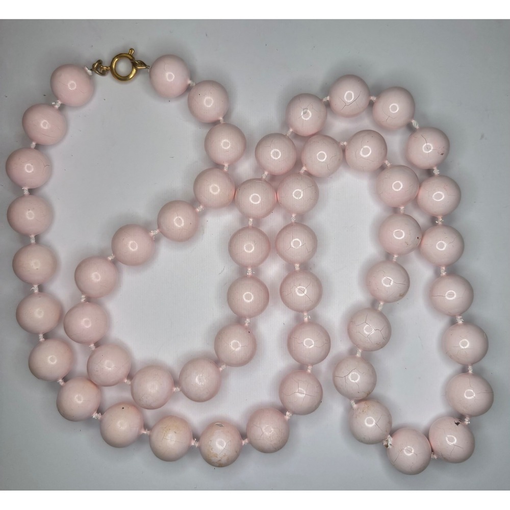 Vintage Knotted Pink Acrylic Bead Necklace 28 Inch 10mm Round Beads Gold Tone